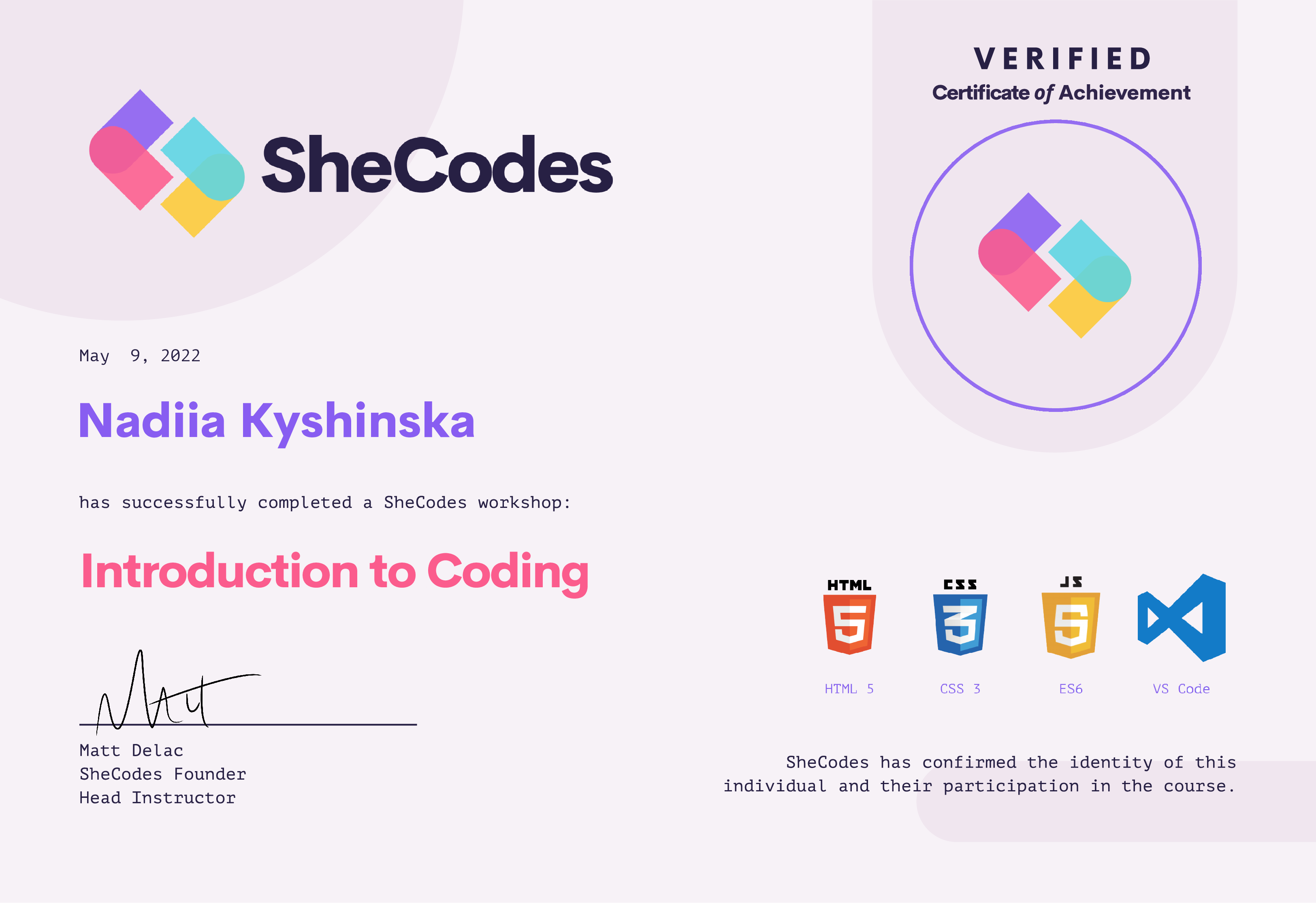 Certificate Introduction to coding